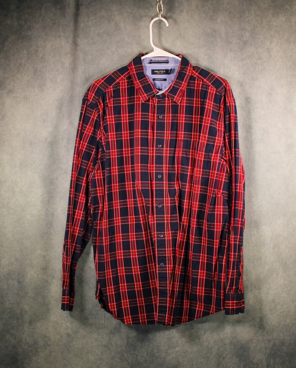 Nautica Classic Fit Button Down Shirt Mens XL Plaid Long Sleeve Red Navy Cotton